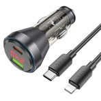HOCO NZ12B Unimpeded PD48W USB + Type-C Araç Çakmaklı Hızlı Şarj Aleti + Type-C to iPhone Kabl