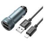 Hoco Z49 Çift USB Girişli Araç Şarj Başlık + USB To iPhone Lightning KABLO-(5775) - 1 - Siyah