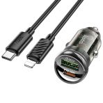 Hoco Z53a Vision Pd30w Type-C + Usb Qc3.0 Girişli Araç Çakmaklık Hızlı Şarj Aleti + Type-C To İphone-(5775)