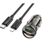 Hoco Z53A Vision PD30W Type-C + USB Qc3.0 Girişli Araç Çakmaklık Hızlı Şarj Aleti + Type-C To iPhone - Siyah