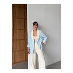 HOEK Kadın Krem-Bebe Mavi Oversize Blazer Ceket Palazzo Pantolon Takım Elbise