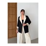 HOEK Kadın Krem-Siyah Oversize Blazer Ceket Palazzo Pantolon Takım Elbise