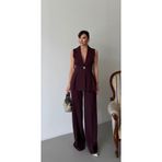 HOEK Kadın Majeste Mürdüm Blazer Yelek Bol Paça Pantolon Takım Elbise