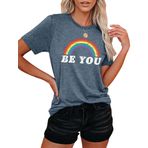 hohololo Gökkuşağı Gömlek Kadın Pride Shirt Gökkuşağı Grafik Tişörtler Be You Tişört LGBT Üst Kadın Rahat Queer Kısa Kollu, Mavi, L