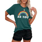 hohololo Gökkuşağı Gömlek Kadın Pride Shirt Gökkuşağı Grafik Tişörtler Be You Tişört LGBT Üst Kadın Rahat Queer Kısa Kollu, Yeşil., XL