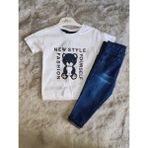 Hola Kids Hırkalı Ayıcık Baskılı Tshirt ve Kot Pantolon Erkek Bebek 9/12/18/24 Ay Takım - 0- Koyu Mavi - 12 Ay