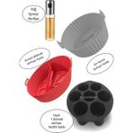 Holly Home 3+1 Silikon Airfryer Pişirme Kalıbı Seti; Gri Yonca+Kırmızı Bölmeli+Siyah Muffin+Yağ Sprey - Gri - Kırmızı - Siyah - Kırmızı - Gri