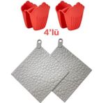 Holly Home 4 Parça Silikon Nihale+Tutacak; 2 Adet Gri Nihale 2 Adet Fırın Tutacağı , Tencere Çaydanlık Altı - Kırmızı - Gri