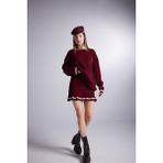 Holly Lolly Bordo Renkli Beli Lastikli Örgü Desenli Mini Triko Etek Standart Kumaş