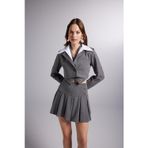 HOLLY LOLLY Çıkarılabilir Gömlek Yakası Detaylı Çizgili Crop Kira Blazer Ceket Gri