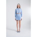 Holly Lolly HLSS24-00018 Harmony Çizgili Pilili Mavi Kadın Mini Poplin Etek