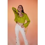 Holly Lolly Özel Dokulu Saten Crop Silky Gömlek Yeşil