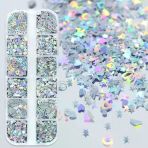Holografik Gümüş Tırnak Süsleme Folyo Pulları Karışık Dizayn Kelebek Kalp Harfler Yıldızlar Nail Art