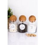 Home 3'lü Ahşap Top Kapaklı Kavanoz Seti Çay Şeker Kahve Tuz Etiketli Saklama Kabı Kavanoz 800 ml