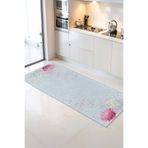 Home Açık Mavi Zeminli Pembe Çiçek ve Beyaz Yaprak Desenli Şık Mutfak Halısı