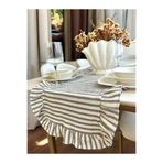 HOME ART ATELIER hand made Gri Çizgili- Fırfırlı Vintage Keten Runner - 40x110