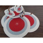 Home Decors By Özlem 4 Kişilik 9 Parça Amerikan Servis Supla Takımı Tabak Altlığı Bardak Altlığı Sepet Hasır Mutfak Sunum - 32 x 32 cm - Kırmızı - Gri - Ekru