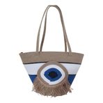 Home Decors By Özlem Saks Mavisi Hasır Çanta Fermuarlı Omuz Çantası Nazar Plaj Çantası El Emeği Handmade Tasarım Tarz Yaz Moda - 30cmx40-42cm