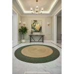 home inn Yuvarlak Halı Yeşil Bordürlü Natural | Doğal Tonlu Şık Salon Halısı | Huzurlu Ev Dekoru