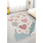Home Pembe Kalp ve Balon Desenli Yıkanabilir Kaymaz Taban Çocuk Odası Halısı