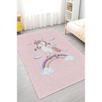 Home Pembe Zemin Üzerinde Unicorn ve Bulut Desenli Kaymaz Tabanlı Çocuk Odası Halısı