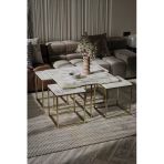 home plus mobilya Brasilia 5'li Gold Kaplama Beyaz Mermer Orta Sehpa & Zigon Sehpa & Yan Sehpa & Bohem Sehpa Takımı