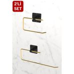 Home Stuff Yapışkanlı Siyah-Gold Tuvalet Kağıdı Askısı ve Rulo Havluluk, Paslanmaz 2'li Set, Banyo Seti