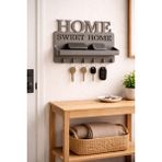 Home Sweet Home Dekoratif Duvar Askılığı ve Anahtarlık Rafı - Gri