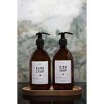 Homence Ahşap Stantlı 2’li Amber Cam Sıvı Sabun Bulaşık Deterjanı Şişesi Beyaz Etiketli Sabunluk 500ML