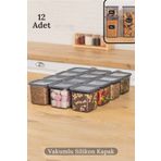 HOMENIVA 12'li Vakumlu Silikon Kapaklı Kare Baharat Saklama Kabı Seti - 12x(0.65 LİTRE) Antra