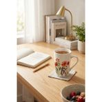 Homerest Suluboya Çiçek Desenli Beyaz Porselen Kupa Bardak 385ML Büyük Boy Tasarım Kahve Çay Kupası Hediyelik - Bej
