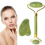 Homeriy Jade Roller 2 parça Gua Sha Set Çift Kafa Yeşim Yüz Vücut Cildi Rulo Masaj Aleti Yüz Vücut Kasları Rahatlatma, İnce Çizgileri ve Kırışıklıkları Giderme