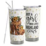 HOMISBES Highland Cow Kadınlar için Hediyeler - İskoç Highland İnek Kahve Seyahat Kupası - Just A Girl Who Loves Highland Cows Cup Decor - Paslanmaz Çelik Bardak 590 ml Kapaklı ve Pipetli