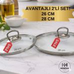 Homiva Home Tencere Cam Kapak- 28 cm ve 26 Cm- Avantajlı Set Paket-Tencere Kapağı