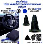 Honda Civic 2012-2016 Hb Uyumlu Siyah Deri Mavi Dikiş Direksiyon Kılıfı ve Vites Körüğü 2'li Set