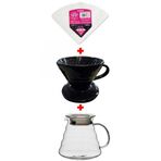 Horecamark V60 No: 2 Porselen Dripper Siyah + Cam Kahve Servis Potu 600 mm + Hario V60 No: 2 Filtre Kağıdı 100'LÜ Paket