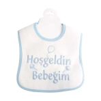 Hoşgeldin Bebeğim Yazılı Mavi Biyeli Su Geçirmez Erkek Bebek Önlük