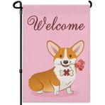 HOSNYE Welcome Dog Bahçe Bayrağı 40,7 x 45,7 cm Dikey Çift Taraflı Gül Köpek Ağzında, Sevgililer Günü Pembe Arka Plan Bahçe Bayrakları Rustik Çiftlik Evi Avlu Dış Mekan Dekorasyonu