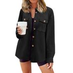 Hotouch Kadife kadın gömleği bluz V yaka gömlek ceket kısa düğmeli uzun kollu tişört rahat ceket Corduroy gündelik gömlek cepli şık gömlek bluz sonbahar kış S-XXL, Siyah, L