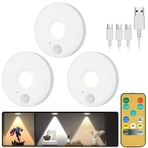 HOTUT Şarj Edilebilir Kablosuz Puck Lambaları, 3'lü Paket Şarj Edilebilir LED Gece Lambası, 3 Aydınlatma Modu, LED Puck Lamba, Uzaktan Kumanda, Pille Çalışan, Dolap, Merdiven, Gardırop, Mutfak için
