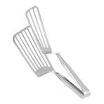 Housoutil Balık Küreği Kelepçe Paslanmaz Çelik Yemek Maşası 2'si 1 Arada Spatula Ve Maşa Paslanmaz Çelik Metal Spatula Barbekü Maşası Yemek Servisi Için Maşa Gözleme Yüzgeci Kek Ekmek Klibi