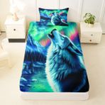 Howlender Wolf lastikli çarşaf M boy Northern Lights Mountain River yatak örtüsü 2 adet yatak odası için vahşi hayvan Aurora Art Stil nevresim takımı çocuklar ve gençler için