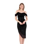 HOX'S Gisele | Pul Payetli Midi Straplez Kalem Abiye Elbise Carmen Yaka Şeffaf Askılı (Siyah, XS)