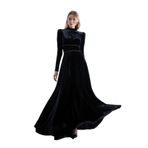 HOX'S Nun | Kristal Taşlı Şeritli Maxi Kadife Söz Nişan Elbisesi (Siyah, XL)