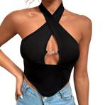 HSAJS Kadın çapraz Crop Top boyundan askılı kolsuz atlet seksi göbeği açık üst yaz korse üst Y2k sırtı açık gömlek sokak giyimi, Siyah, S