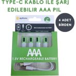 Hsc Bilişim USB Type-C ile Şarjolabilen 4 Adet Aaa 1.5V Lityum Şarjlı Kalem Pil 750 Mah Uzun Ömürlü - 001-Renkli