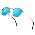 Htms Hipster Altıgen Polarize Güneş Gözlüğü Erkekler Kadınlar Geometrik Kare Küçük Vintage Metal Çerçeve Retro Gölge Gözlük, Mavi Lens/Altın Çerçeve, Millimeter