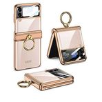 HTstore Galaxy Uyumlu Z Flip 4 Kılıf Yüzüklü Lens Korumalı Taşıma Halkalı Kapak (Gold)