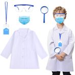 HTTDSLF Çocuk bilim adamı kostümü, doktor kostümü, doktor önlüğü, 3 yaşından büyük çocuklar, laboratuvar mantosu, koruyucu gözlük, kimlik kartı, büyüteç ve yüz maskesi, 3 yaşından itibaren rol yapma