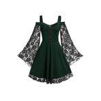 Huamengyuan Elbise tek omuzlu elbise, çan kollu, dantel dikişli, sanatsal retro elbise, kadınlar için gündelik elbise, Koyu yeşil., XL